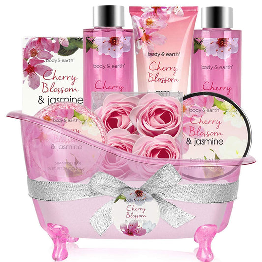 Body & Earth 8-Piece Spa Gift Set for Women, Cherry Blossom and Jasmine Fragrance, Bubble Bath, Shower Gel, Bath Salt, Body Lotion
