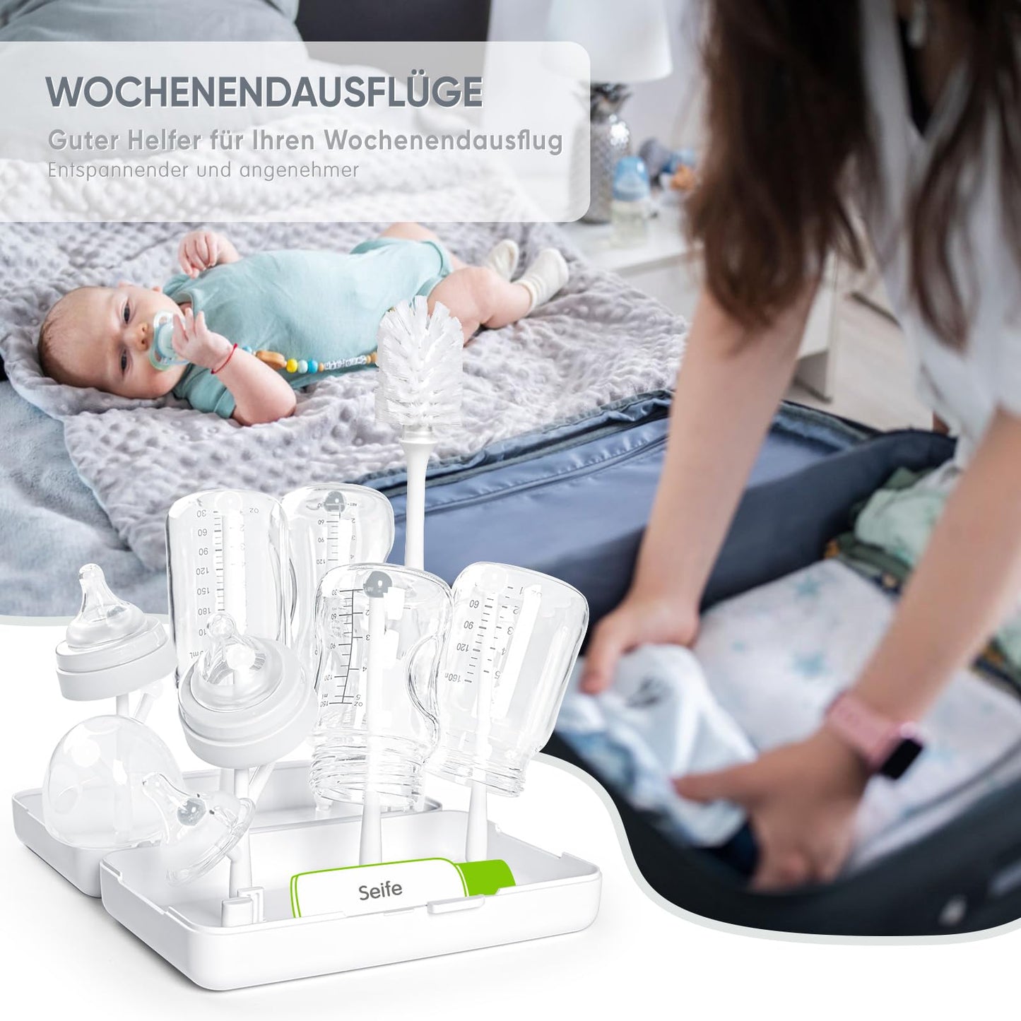 Trockenständer Babyflaschen, Abtropfgestell für Babyflaschen, Flaschen, grauSaugern