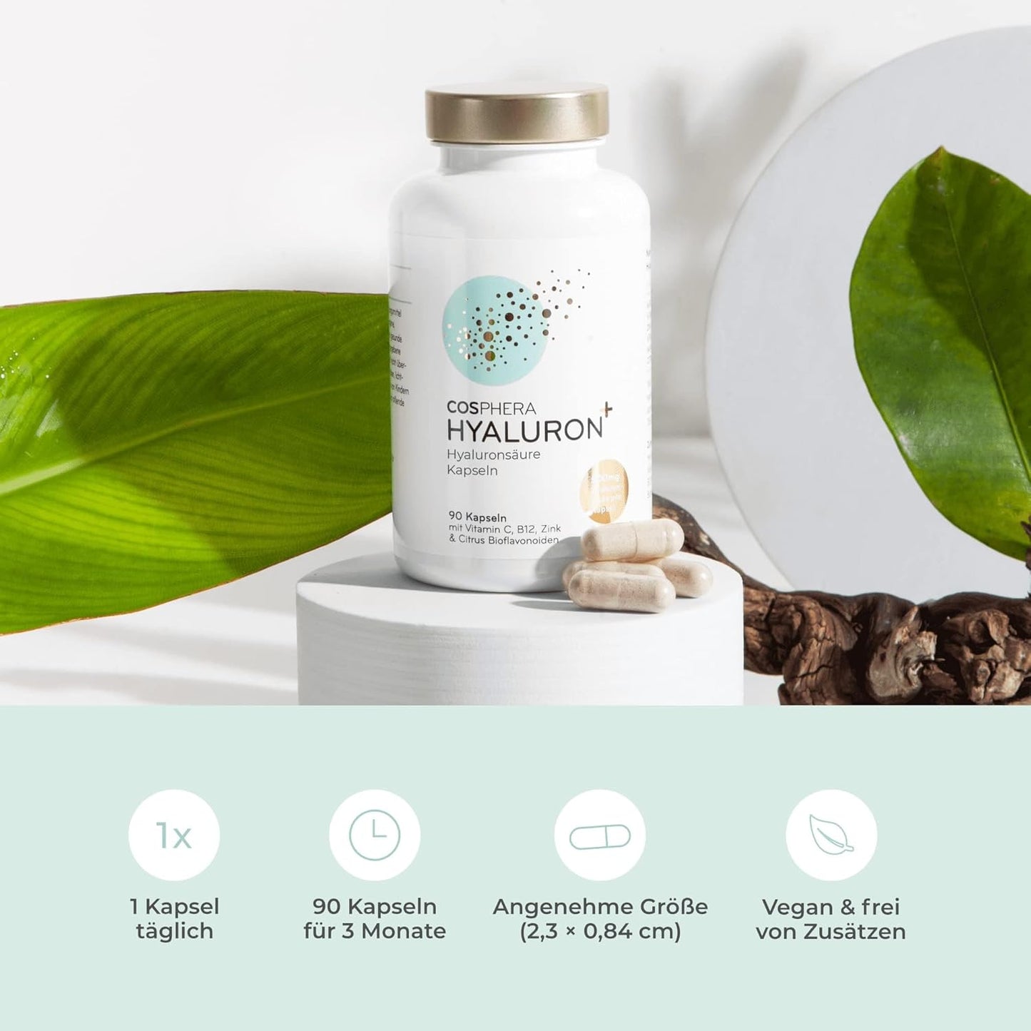 Hyaluronsäure Kapseln hochdosiert mit 500 mg pro Kapsel - 90 vegane Hyaluron Kapseln im 3 Monatsvorrat - 500-700 kDa I Angereichert mit Zink als Beitrag zum Erhalt normaler Haut und Knochen.