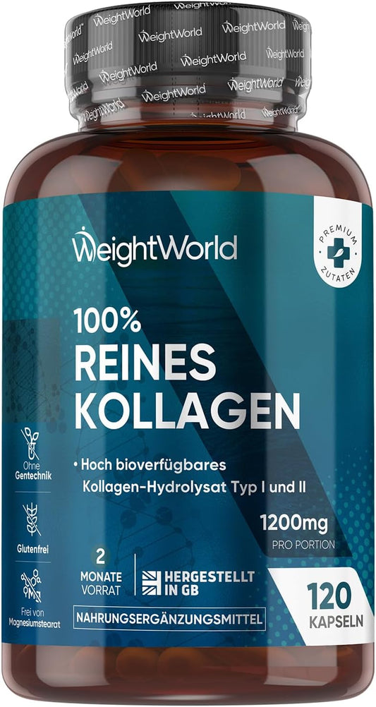 Weightworld Naticol Collagen Capsules, 1170 mg, Pure Marine Collagen, 120 Capsules, Hydrolysate, Laboratory Tested in Germany, with Pure Collagen Protein Powder