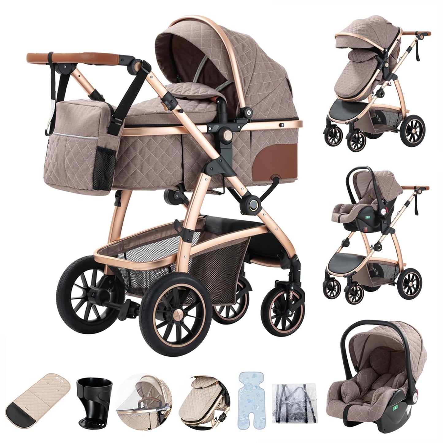 3-in-1 Pram Set with Seat, Baby Bed is Foldable, Adjustable Reclining Position,up to 15 kg, 0-3 Years