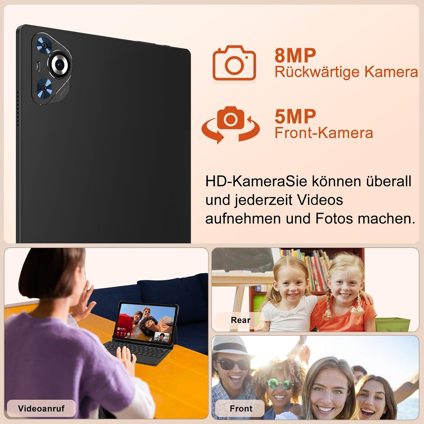 Tablet 10 Zoll Android 14, 22GB RAM 128GB ROM/TF 1TB, Octa-Core Prozessor, 8000mAh, BT5.0, 8MP+5MP, Dual WLAN, Face ID, Widevine L1, Augenschutz, Tablet mit Tastatur & Maus Metallkörper-Schwarz