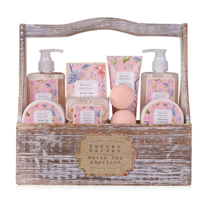 Accentra – Duschset Frauen Geschenkset im Holzkorb – 8-teiliges Pflegeset mit Duschgel, Bodylotion, Badezusätzen, Peeling & Handcreme – Wellness Geschenk Set