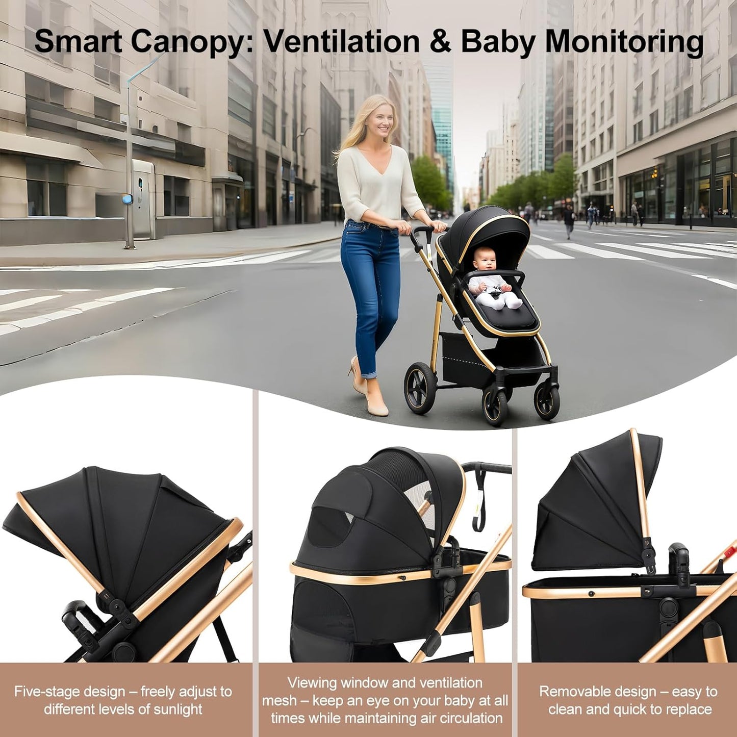 3-in-1 Pram Set with Seat, Baby Bed is Foldable, Adjustable Reclining Position,up to 15 kg, 0-3 Years