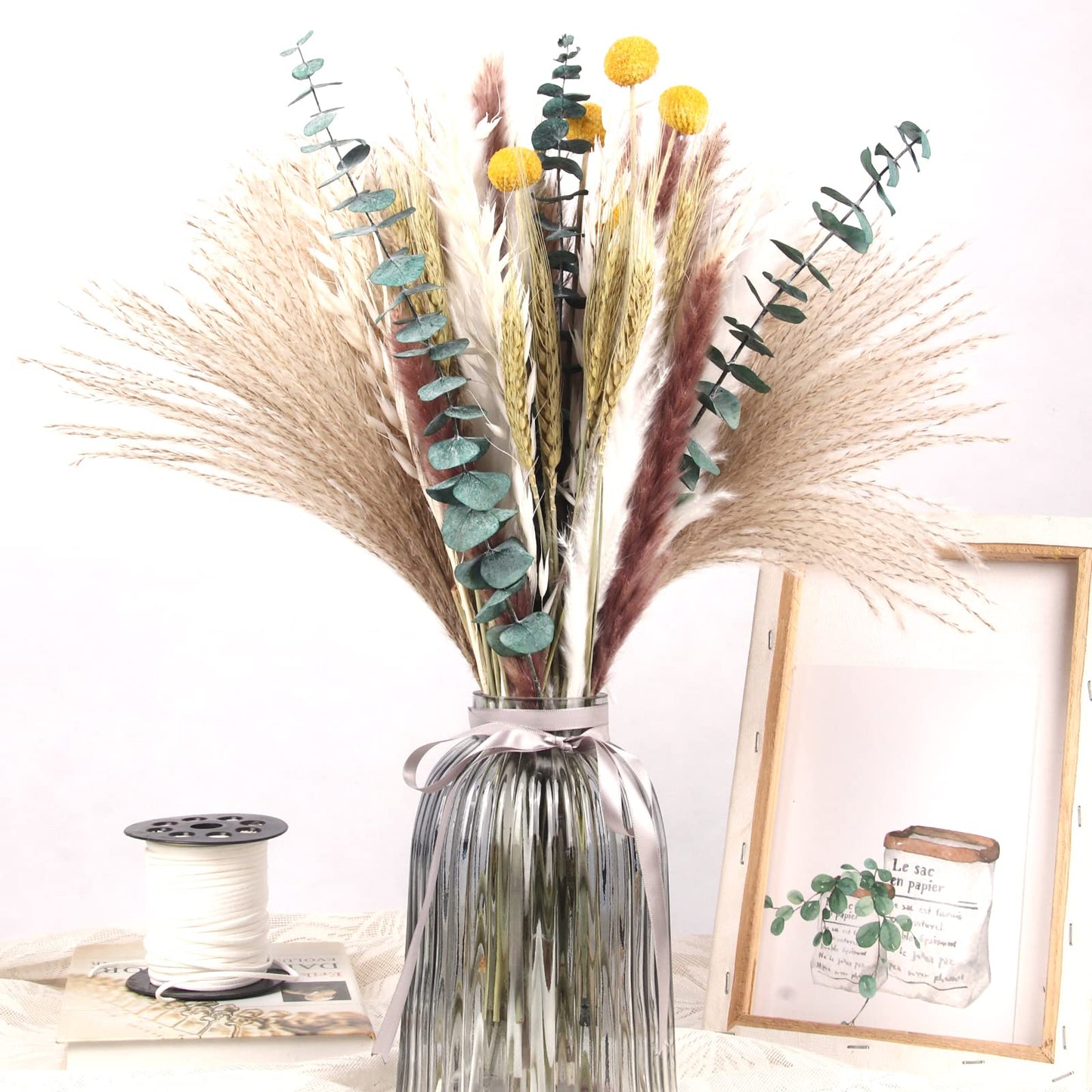 Dried Pampas Grass 60 Pieces Natural Dried Flowers Decoration, Bouquet Reed Flower Decoration for Living Room Bedroom