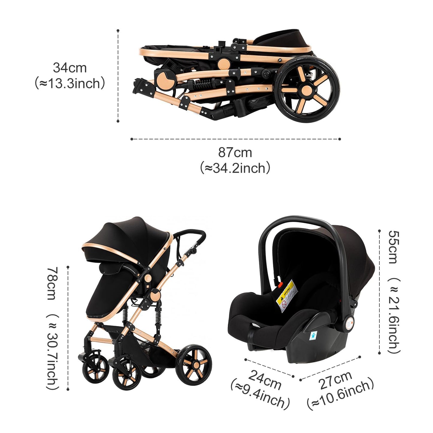 Reenborn 3-in-1 Pushchair, Buggy with Two Reversible Sliding Modes, Pushchair with Frame Aluminium Alloy, Baby Pram, 3-in-1 Complete Set with One-Click Folding Design