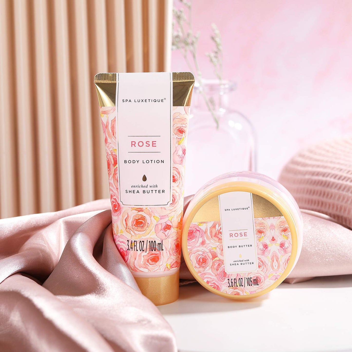 SPA LUXETIQUE Wellness Set für Frauen - 8tlg Rosenduft Bade Geschenkset für Frauen, Geburtstagsgeschenk Beauty Set mit Deko Badewanne