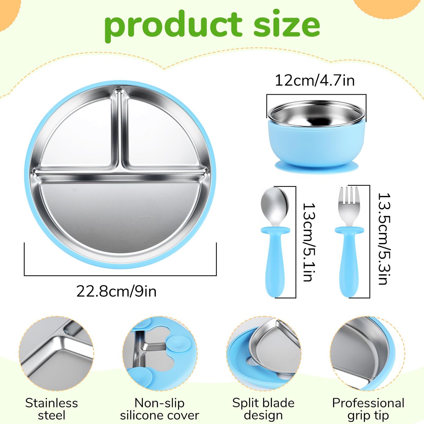Geschirr Set 6 x Stainless Steel Baby Plates with Suction Cup, 2 Porridge Bowls Baby Bowl and 2 Spoon Forks
