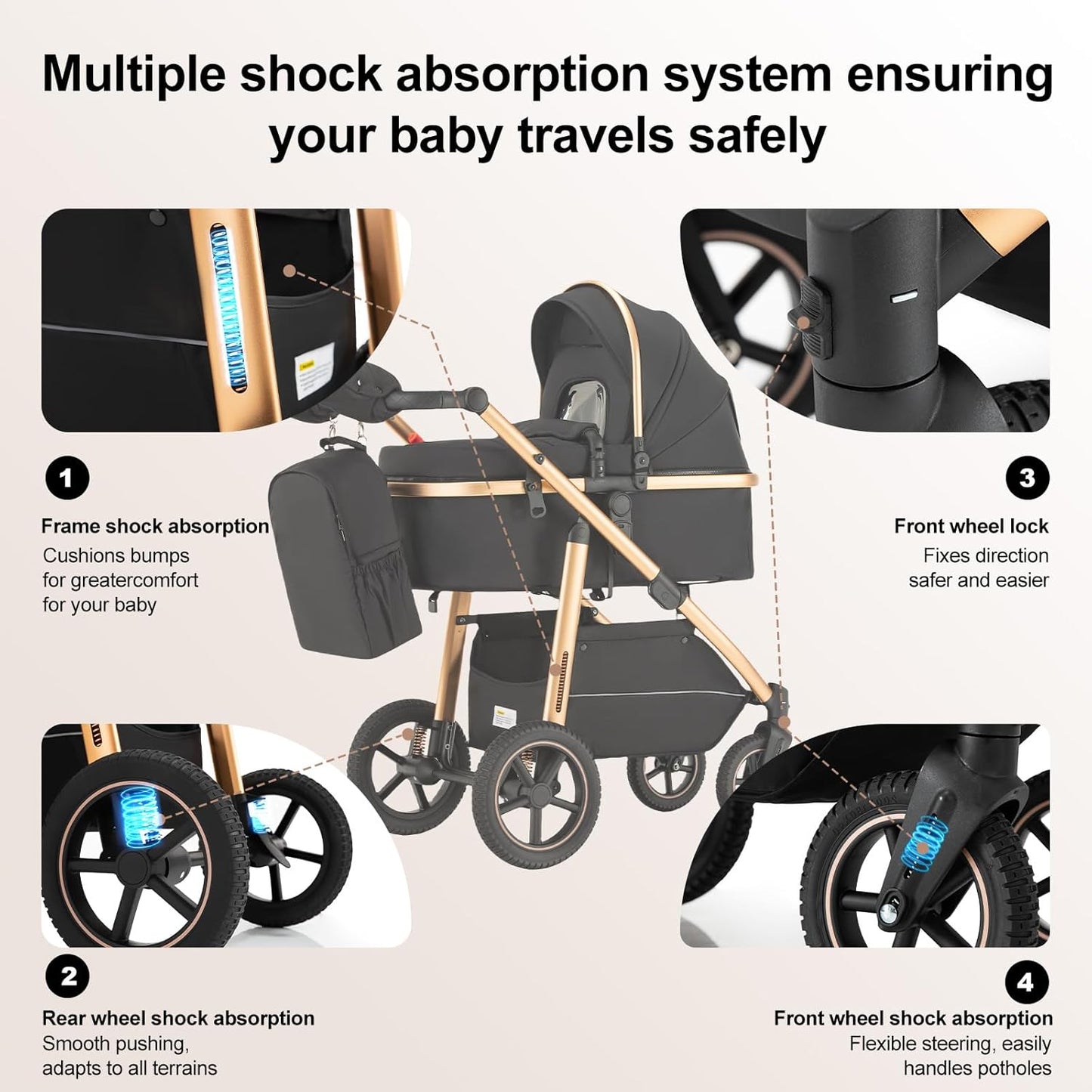 3-in-1 Pram Set with Seat, Baby Bed is Foldable, Adjustable Reclining Position,up to 15 kg, 0-3 Years