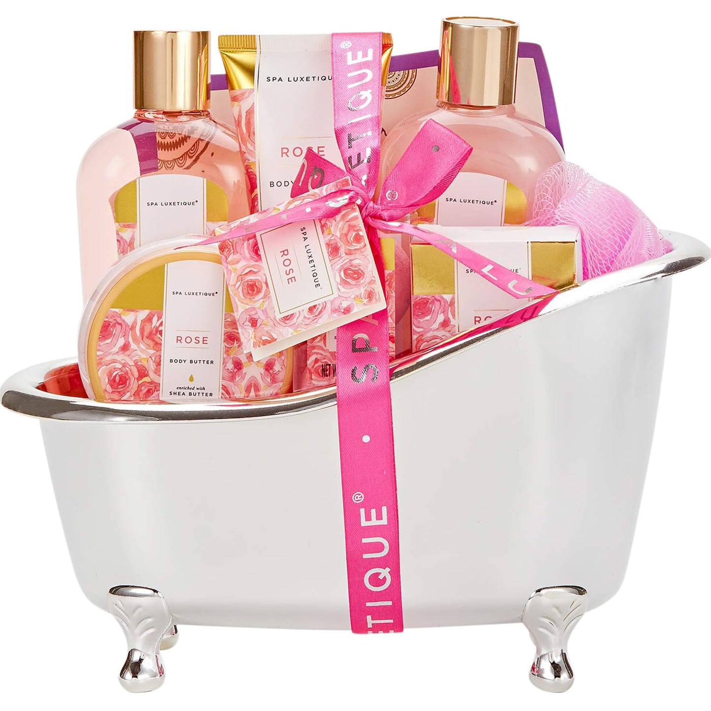 SPA LUXETIQUE Wellness Set für Frauen - 8tlg Rosenduft Bade Geschenkset für Frauen, Geburtstagsgeschenk Beauty Set mit Deko Badewanne