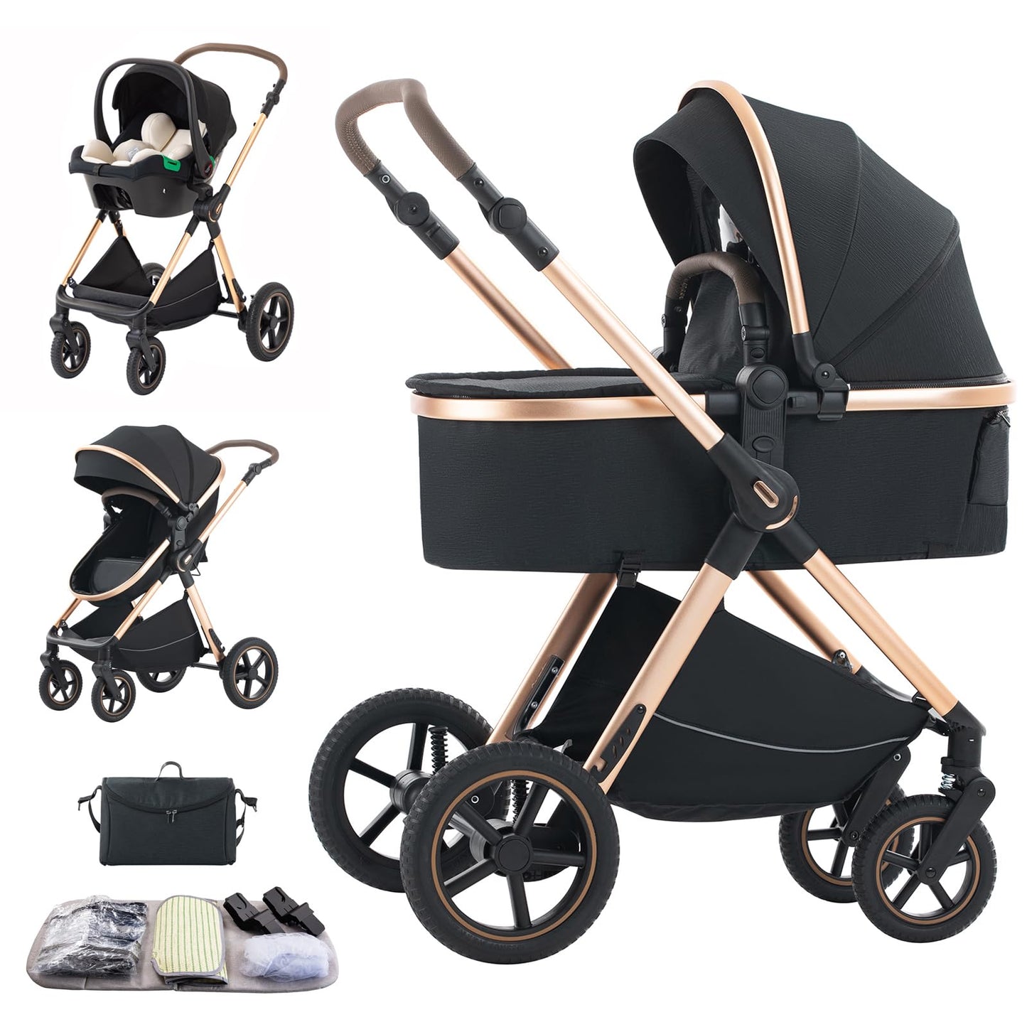 Shineey 3-in-1 Pushchair, Buggy, Foldable Pushchair Set, Combination Pushchair 3-in-1 with Large Comfortable Baby Carrycot Frame, Aluminium Alloy