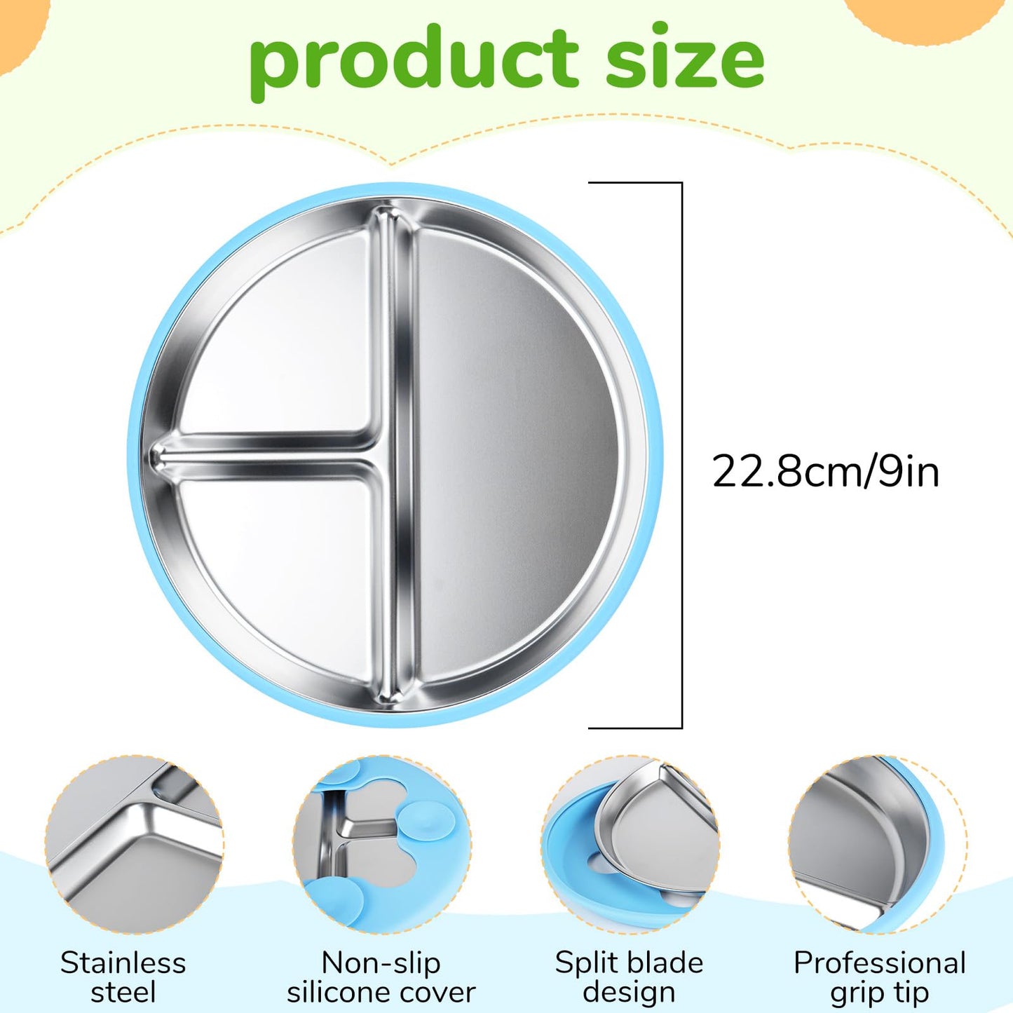 Geschirr Set 6 x Stainless Steel Baby Plates with Suction Cup, 2 Porridge Bowls Baby Bowl and 2 Spoon Forks