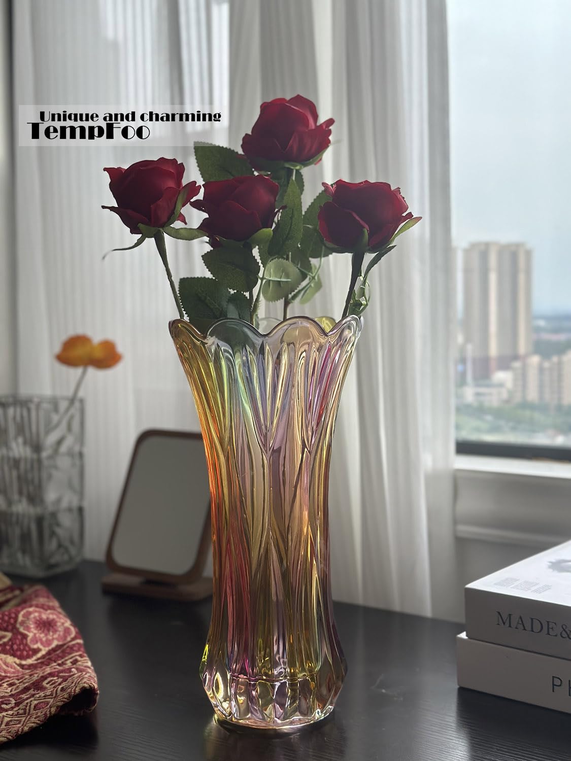 Black Grey Vase, Flower Vase, Large Tall Glass Vases for Decoration, Aesthetic, Large Glass Vase with Ribbed Texture, Modern Living Room, Black Art Decoration