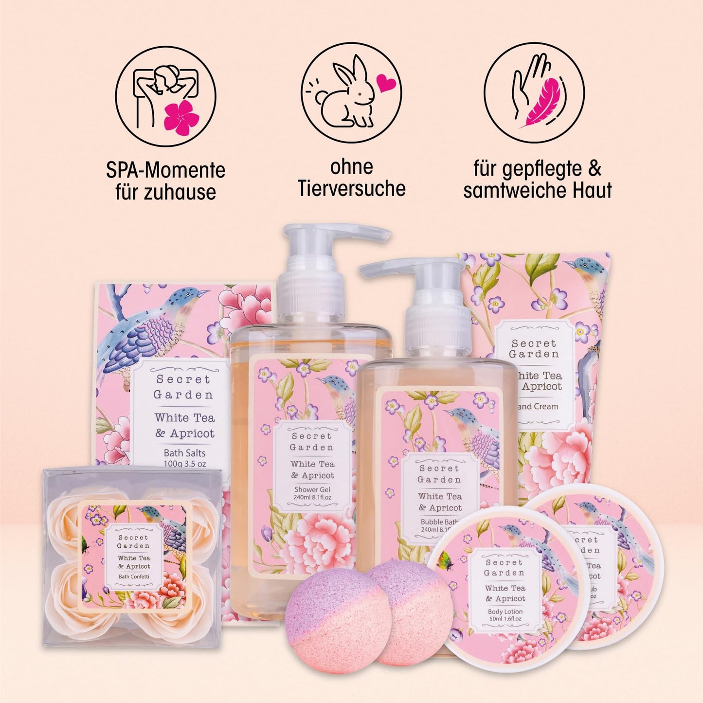 Accentra – Duschset Frauen Geschenkset im Holzkorb – 8-teiliges Pflegeset mit Duschgel, Bodylotion, Badezusätzen, Peeling & Handcreme – Wellness Geschenk Set