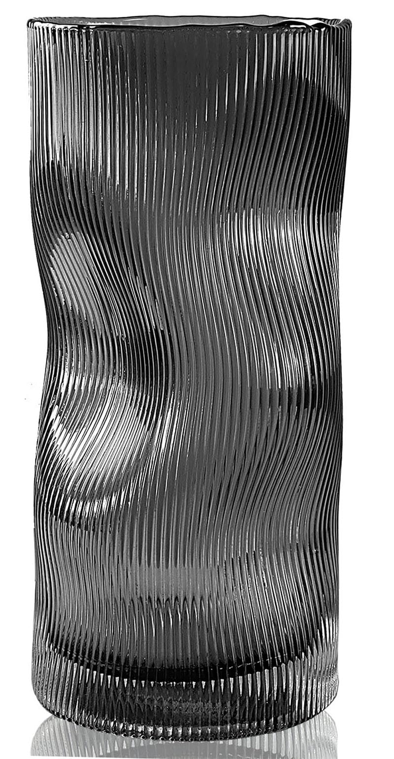 Black Grey Vase, Flower Vase, Large Tall Glass Vases for Decoration, Aesthetic, Large Glass Vase with Ribbed Texture, Modern Living Room, Black Art Decoration