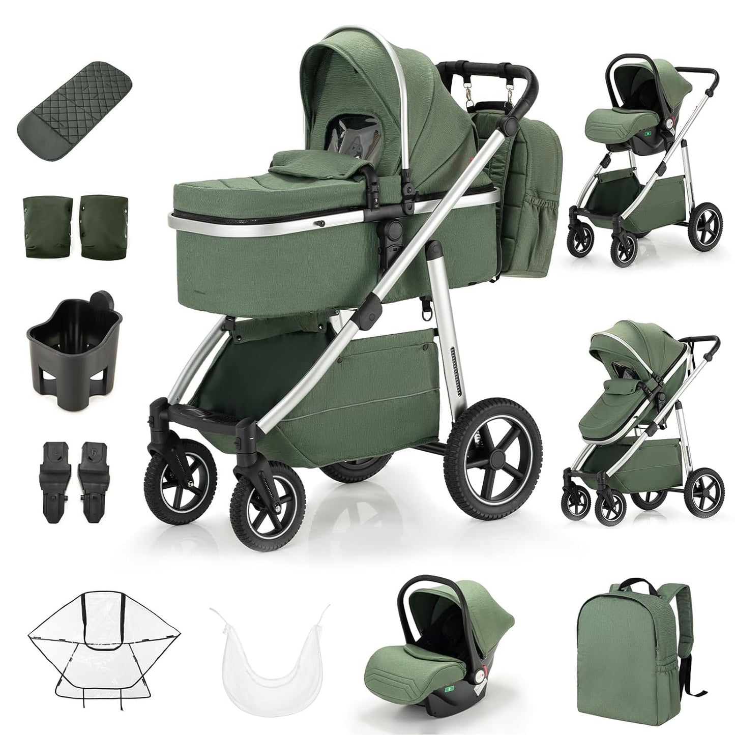 3-in-1 Pram Set with Seat, Baby Bed is Foldable, Adjustable Reclining Position,up to 15 kg, 0-3 Years