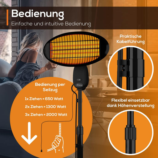 Infrarot Heizstrahler 2000 Watt Standheizer Terrassenheizer, höhenverstellbar, neigbar