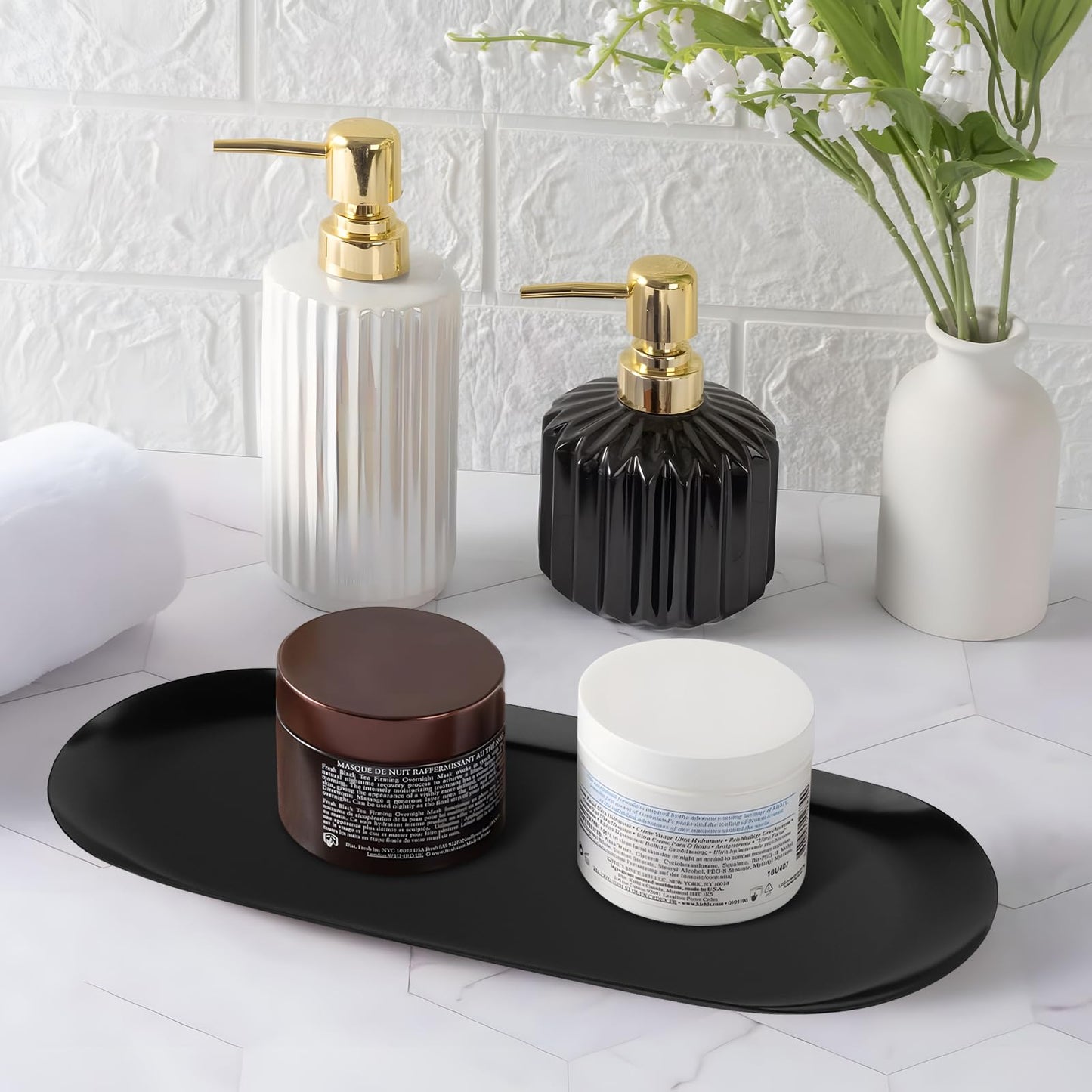 EXLECO 2 Badzimmer Deko Tablett Gold Servierplatte Mini Bad Dekotablett Edelstahl Serviertablett Schmuckschale Kerzentablett Oval Ablageschale für Schmuck Kerzen