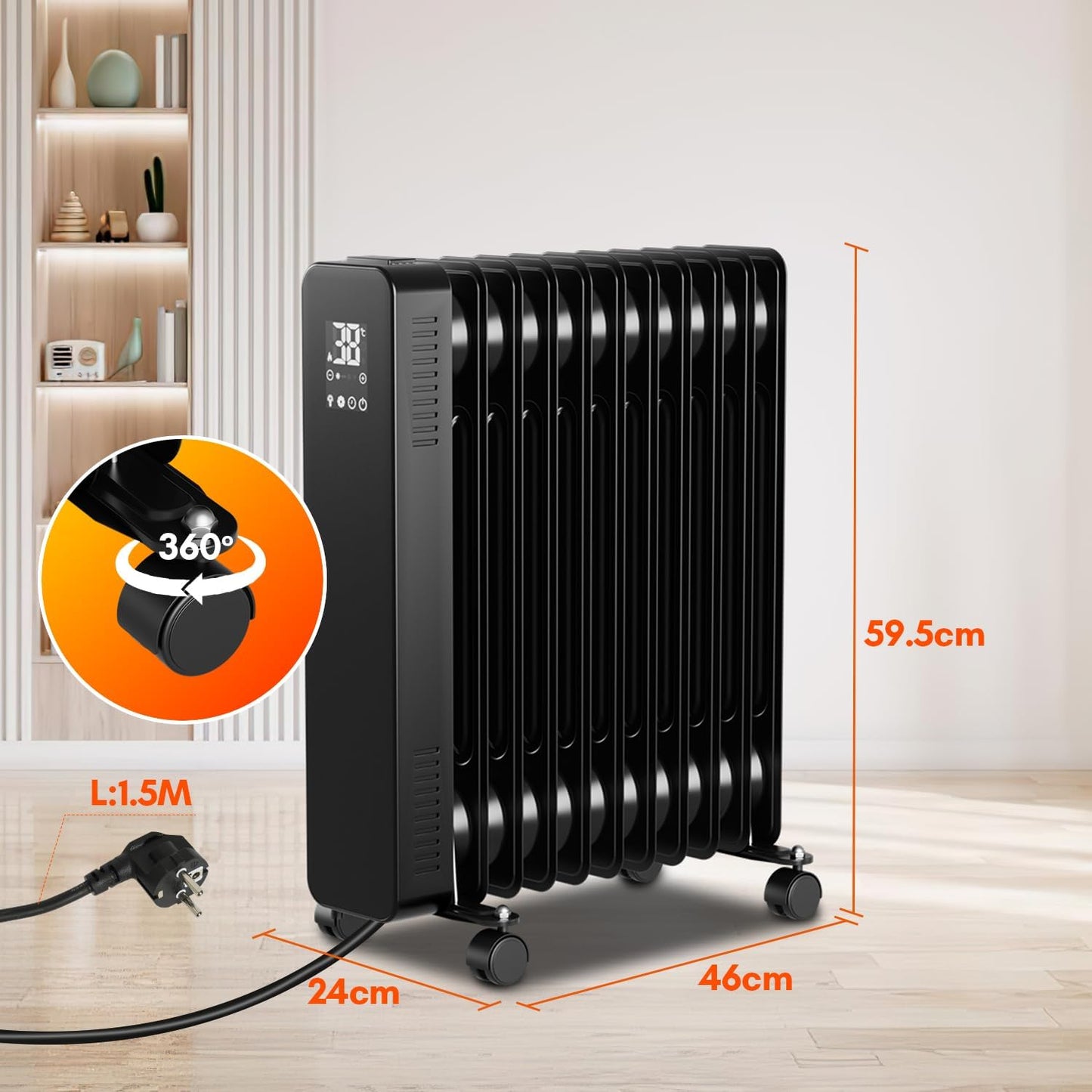 Heizung Fiqops Oil Radiator 2500 W, Energy Saving with 11 Ribs 3 Heat Settings, Thermostat, WiFi App & Remote Control, Digital Display
