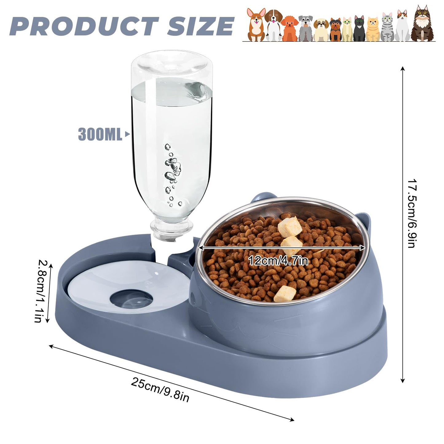 Cat Feeding Station with Automatic Water Bottle, 2-in-1 Raised Bowl Made of Stainless Steel