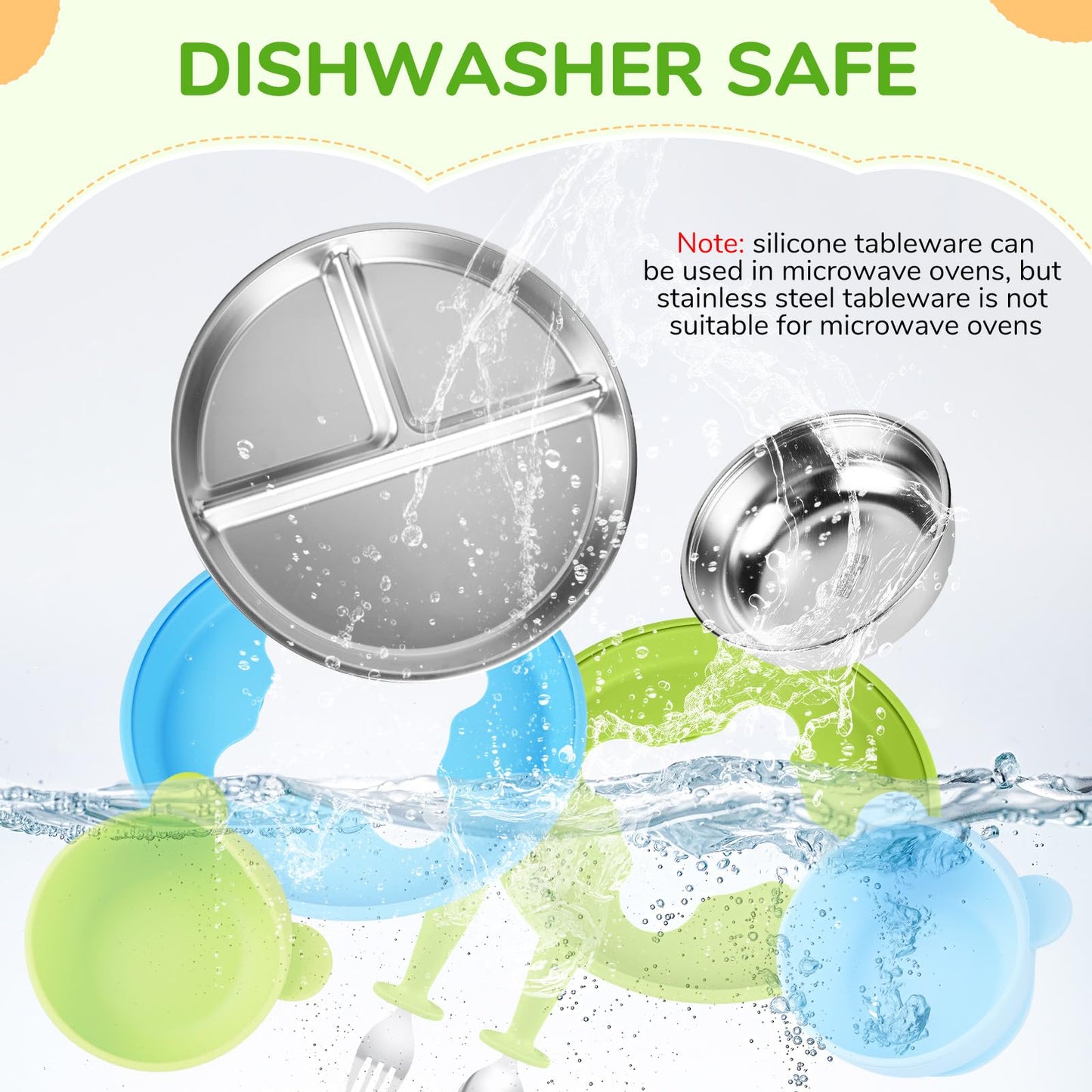 Geschirr Set 6 x Stainless Steel Baby Plates with Suction Cup, 2 Porridge Bowls Baby Bowl and 2 Spoon Forks