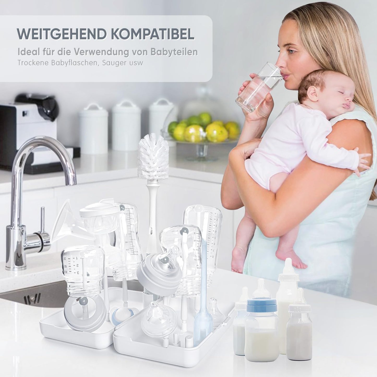 Trockenständer Babyflaschen, Abtropfgestell für Babyflaschen, Flaschen, grauSaugern
