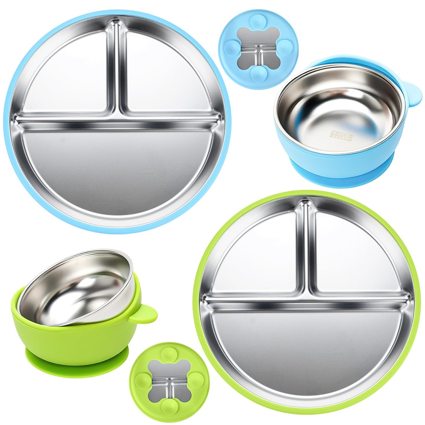 Geschirr Set 6 x Stainless Steel Baby Plates with Suction Cup, 2 Porridge Bowls Baby Bowl and 2 Spoon Forks