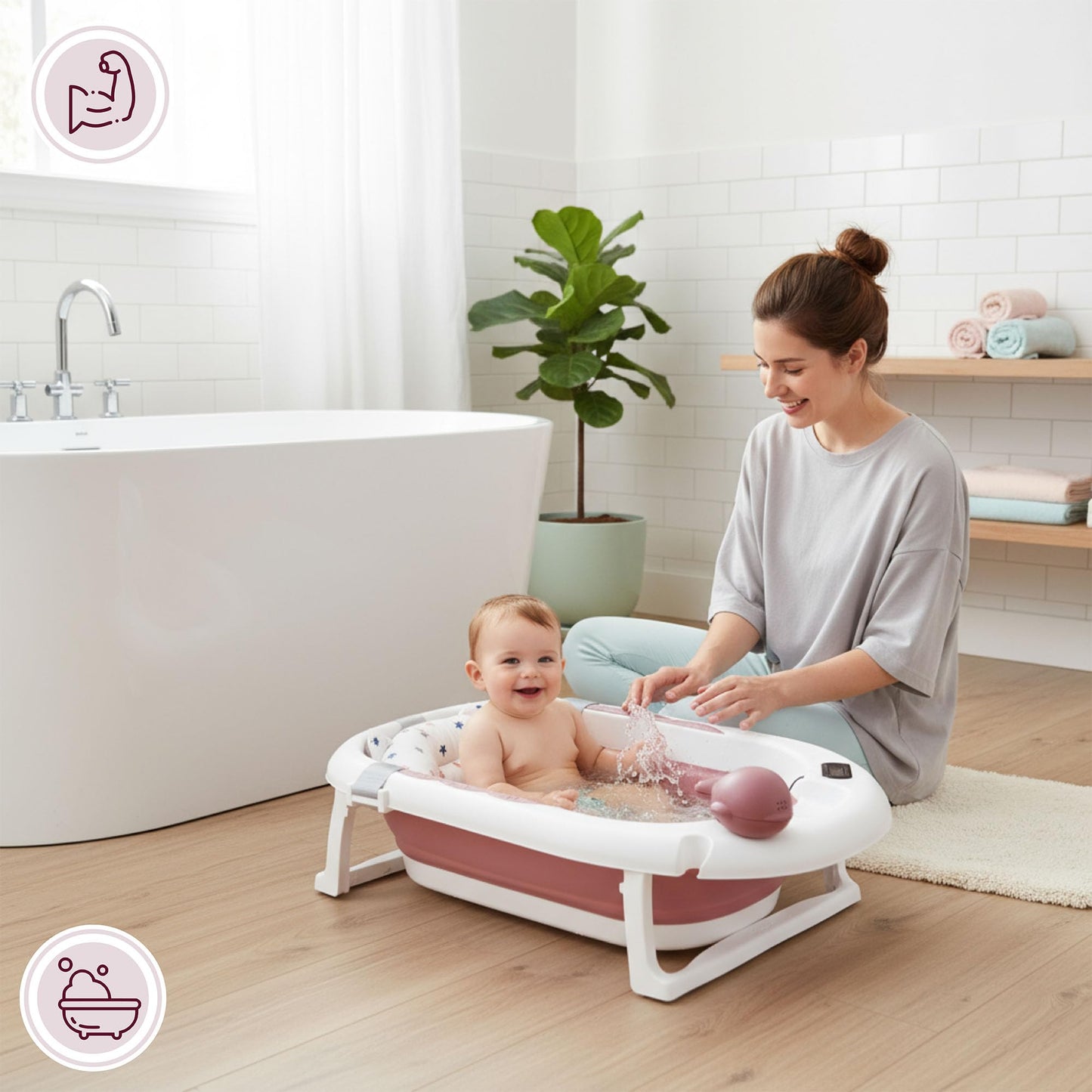 Moby-System Foldable Baby Bathtub with Insert, LCD Thermometer & Frame - Secure Hold from Birth, Ergonomic
