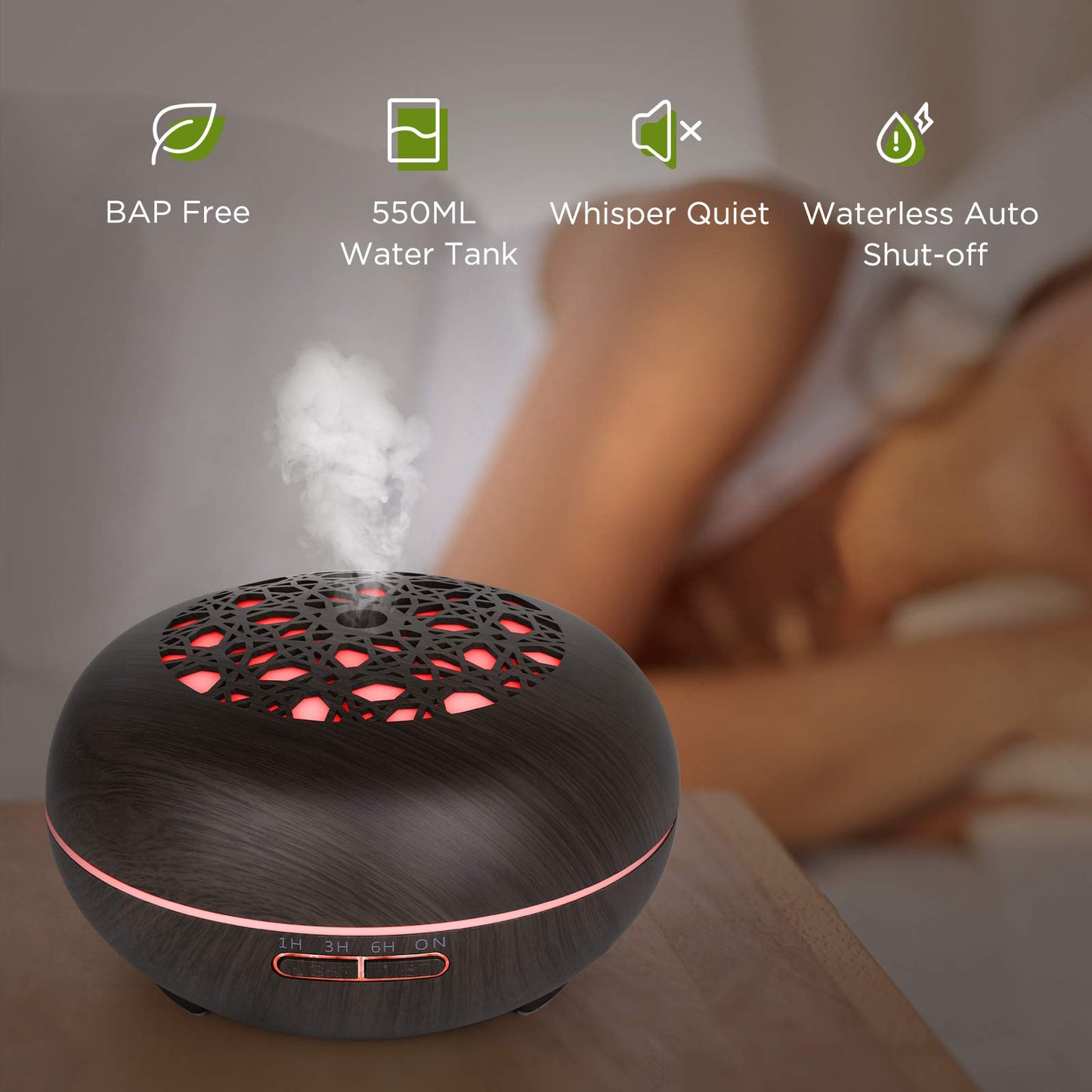 Aroma Diffuser Luftbefeuchter 550ml mit Fernbedienung, Ultraschall Vernebler Duftlampe Öle Diffusor mit 7 Farben LED Wasserlose Abschaltautomatik