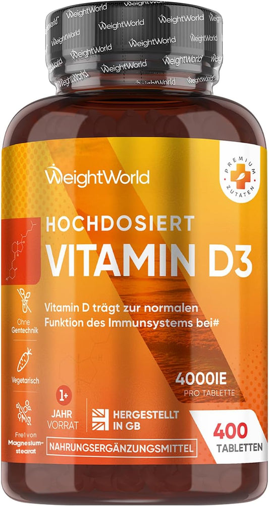 Vitamin D3 4000 IE - 400 Tabletten - Vitamin D trägt zur Erhaltung normaler Knochen - Sonnenvitamin - Cholecalciferol - Frei von Magnesiumstearat, Ohne Zusatzstoffe