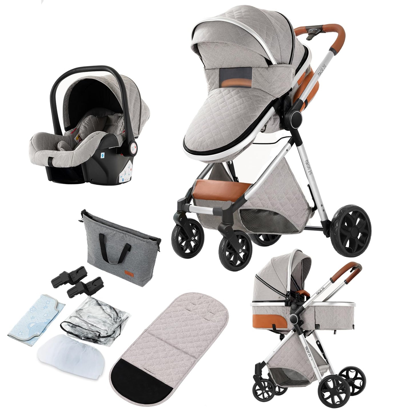 Reenborn 3-in-1 Pushchair, Buggy with Two Reversible Sliding Modes, Pushchair with Frame Aluminium Alloy, Baby Pram, 3-in-1 Complete Set with One-Click Folding Design
