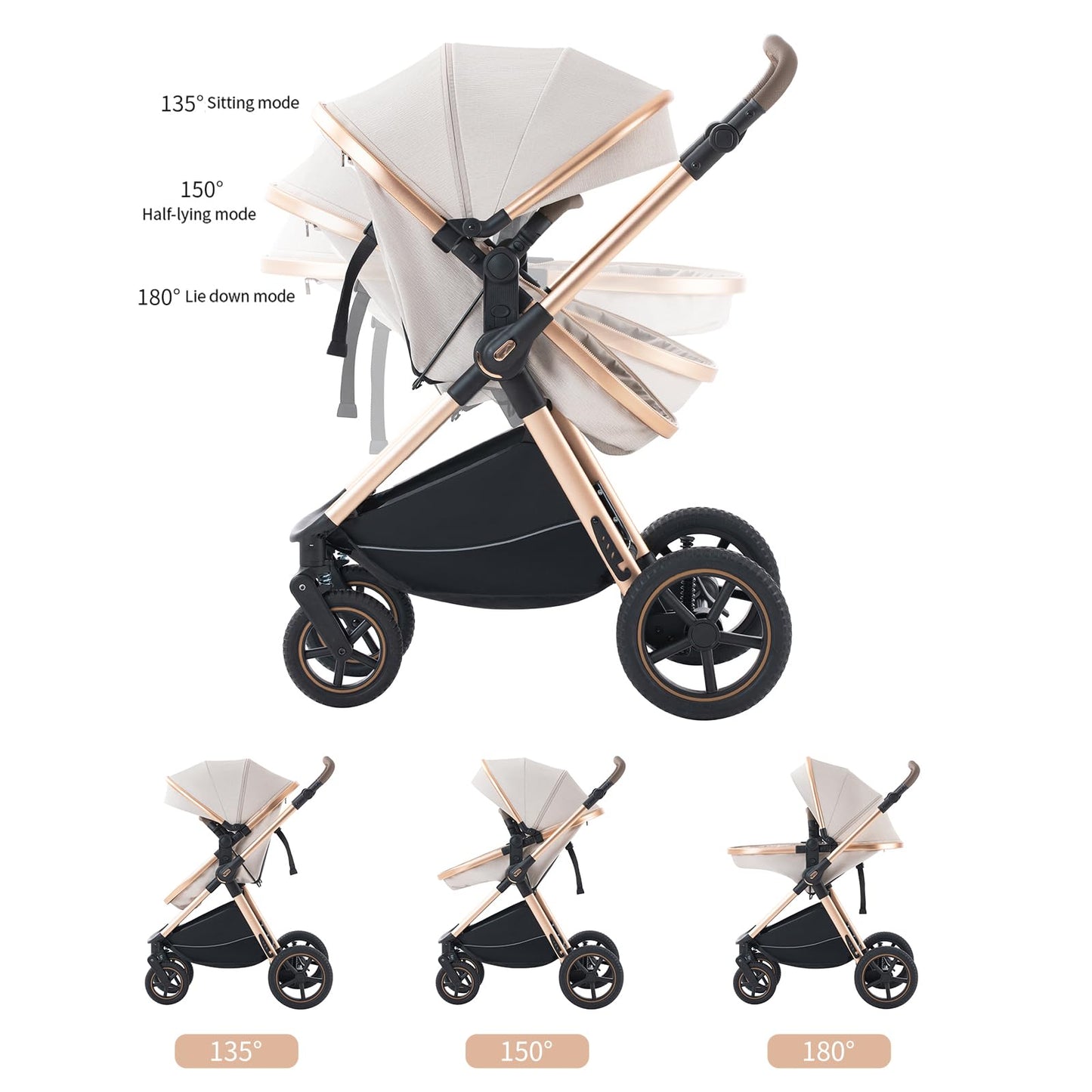 Shineey 3-in-1 Pushchair, Buggy, Foldable Pushchair Set, Combination Pushchair 3-in-1 with Large Comfortable Baby Carrycot Frame, Aluminium Alloy