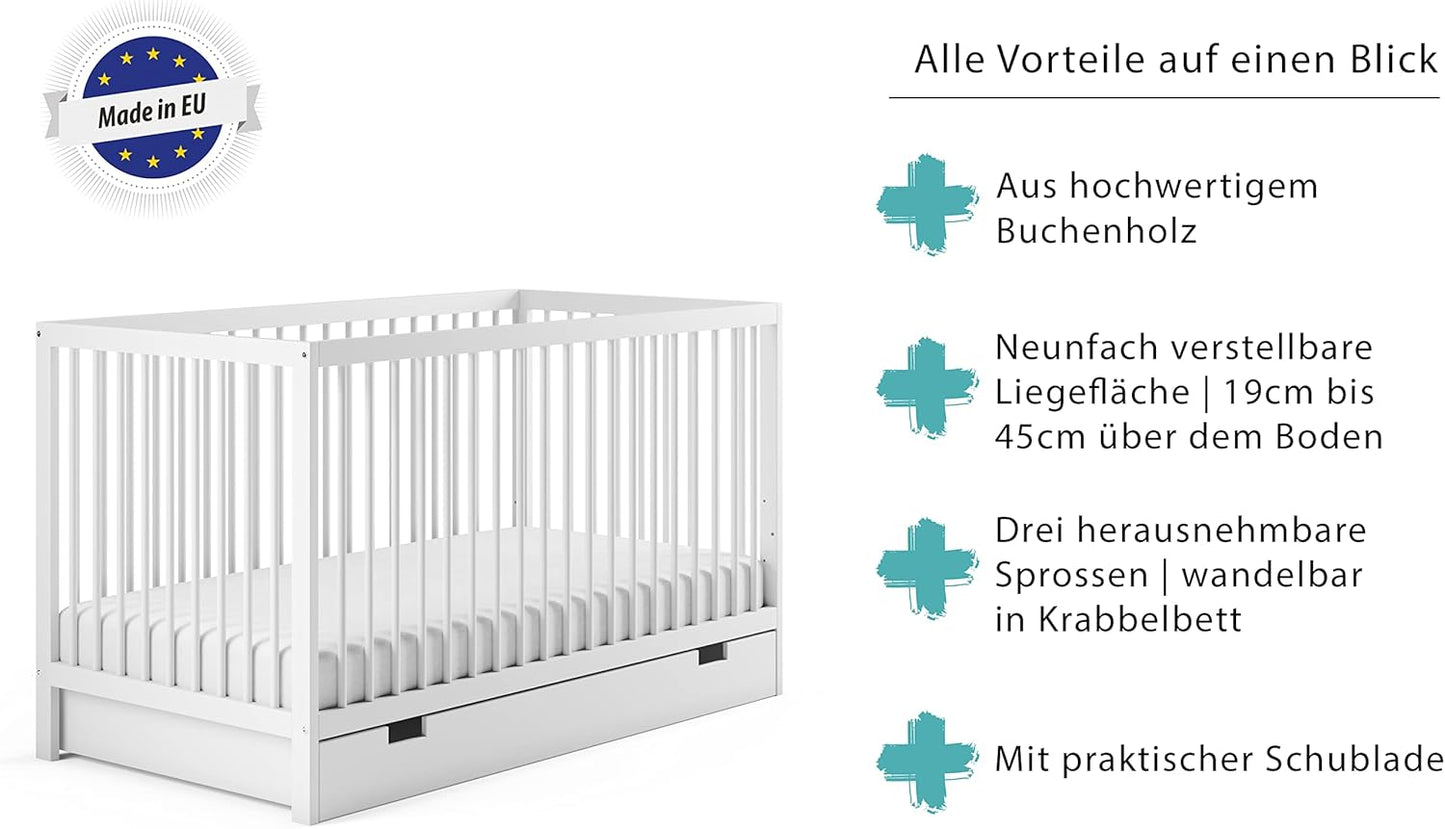 Kids Collective Baby Cot Bed 60x120 | 70x140 cm Height Adjustable