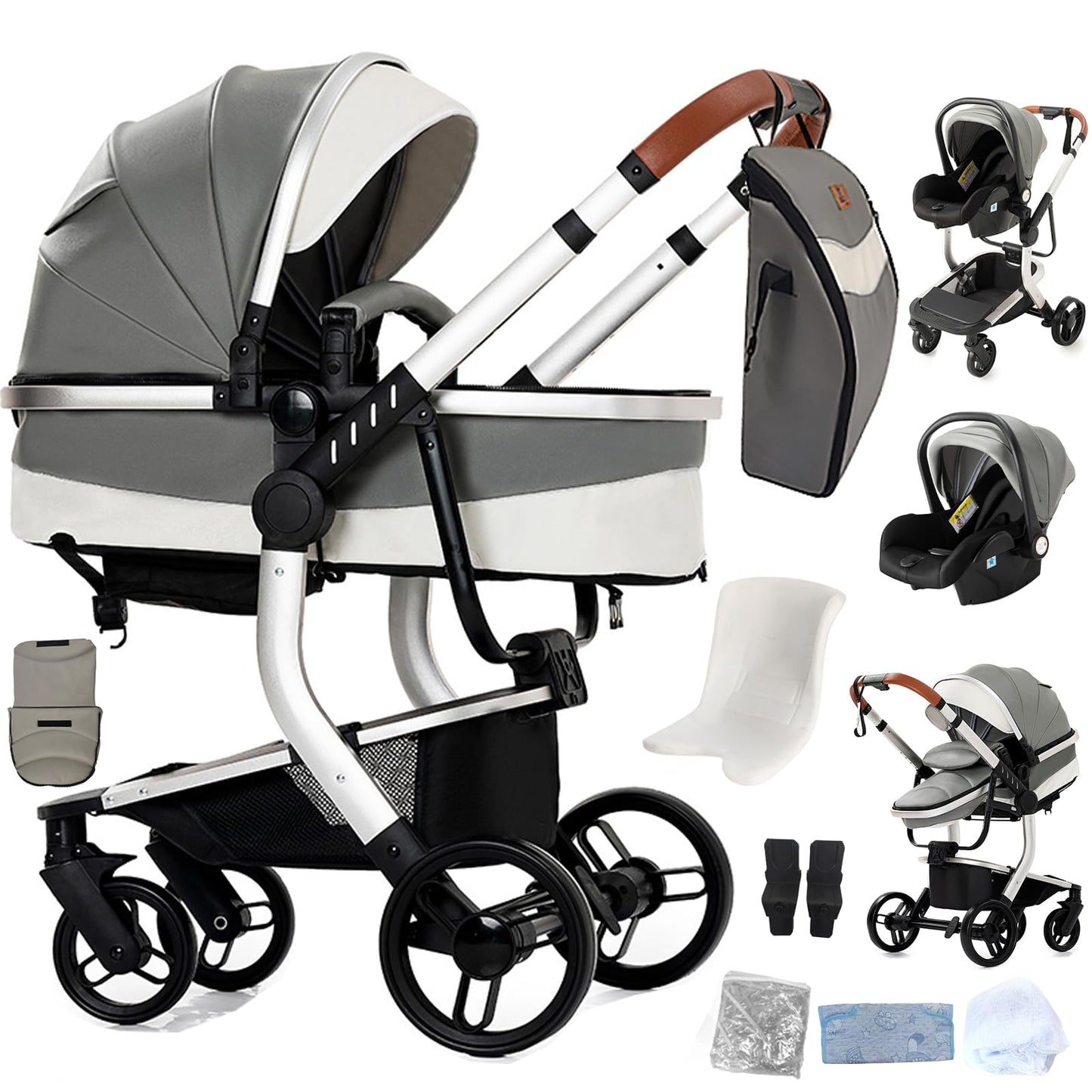 Reenborn 3-in-1 Pushchair, Buggy with Two Reversible Sliding Modes, Pushchair with Frame Aluminium Alloy, Baby Pram, 3-in-1 Complete Set with One-Click Folding Design