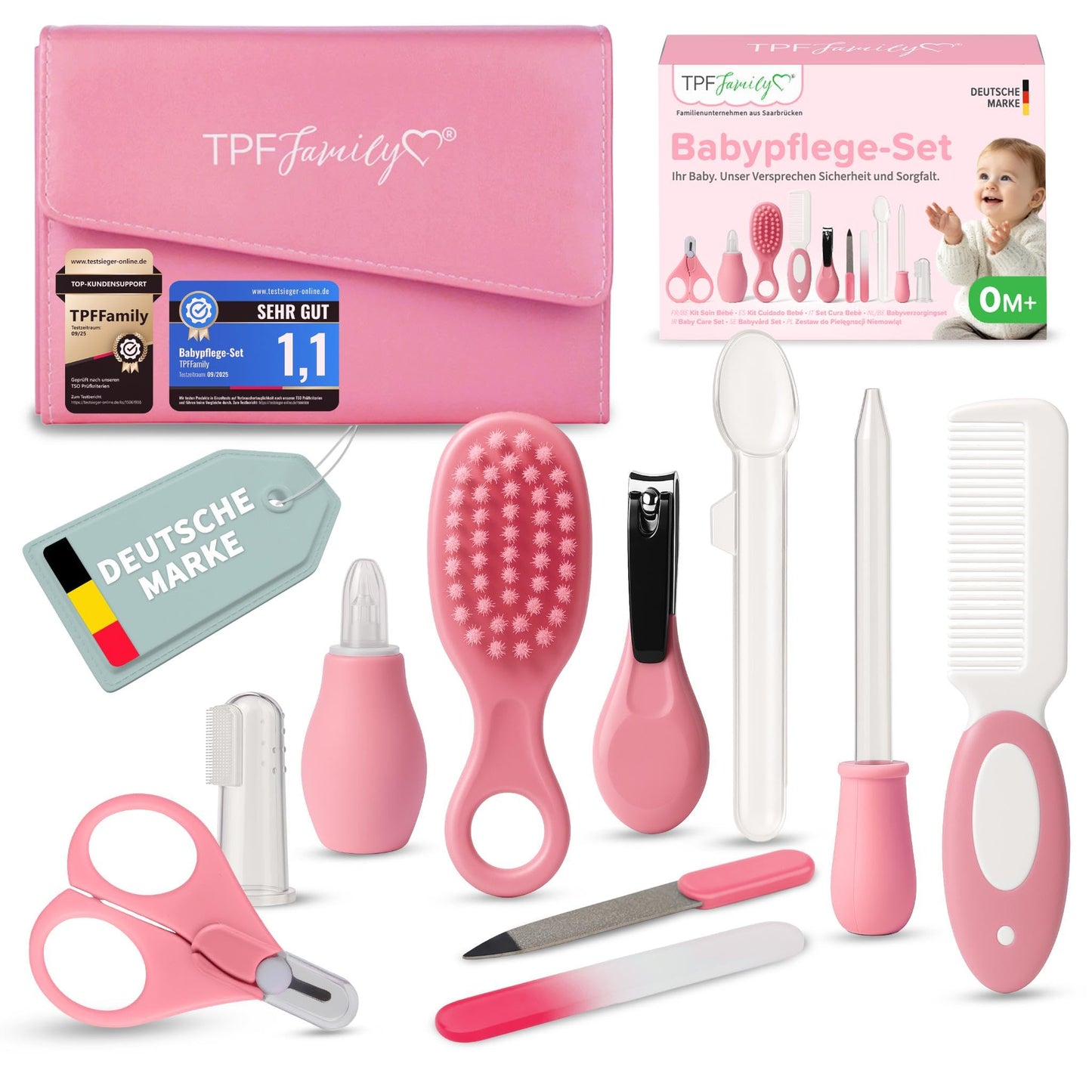 TPFFamily Baby Care Set Newborn (Pink) - 10 Piece Set with High-Quality Baby Nail Scissors, Nasal Aspirator, Brush and More - Ideal as First Equipment and Daily Care