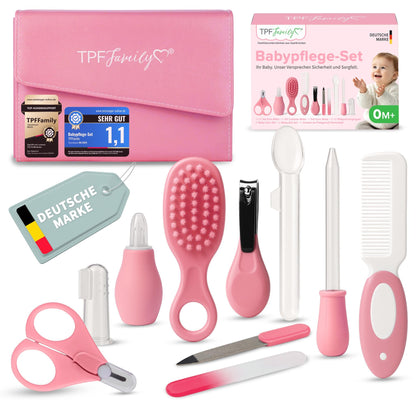 TPFFamily Baby Care Set Newborn (Pink) - 10 Piece Set with High-Quality Baby Nail Scissors, Nasal Aspirator, Brush and More - Ideal as First Equipment and Daily Care