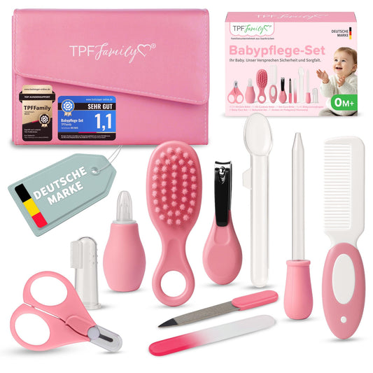 TPFFamily Baby Care Set Newborn (Pink) - 10 Piece Set with High-Quality Baby Nail Scissors, Nasal Aspirator, Brush and More - Ideal as First Equipment and Daily Care