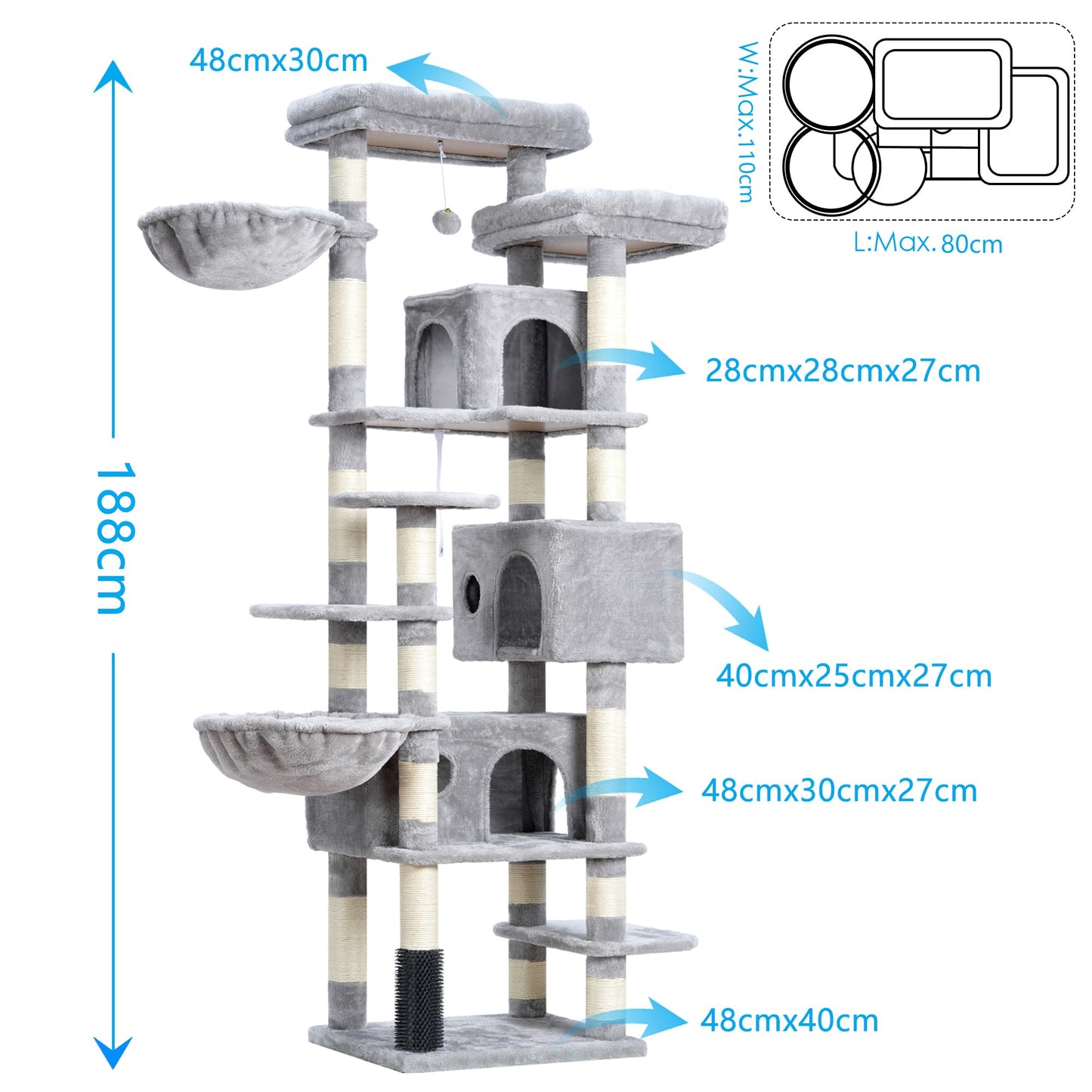 XXL Kratzbaum mit 2 groß Plattform, 3 Höhlen, 2 Korb, Plüschbälle und Sisal Kratzbäume