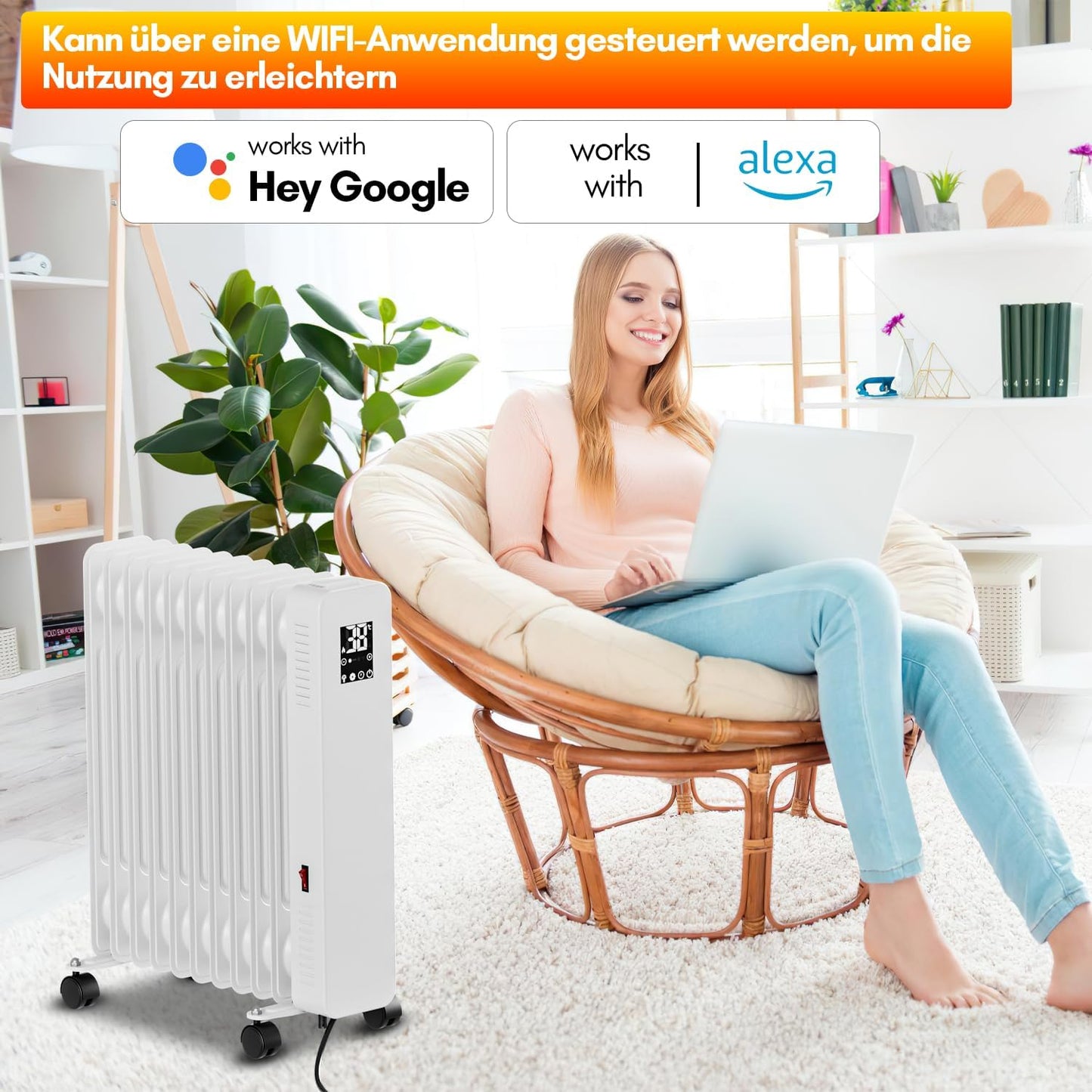 Heizung Fiqops Oil Radiator 2500 W, Energy Saving with 11 Ribs 3 Heat Settings, Thermostat, WiFi App & Remote Control, Digital Display