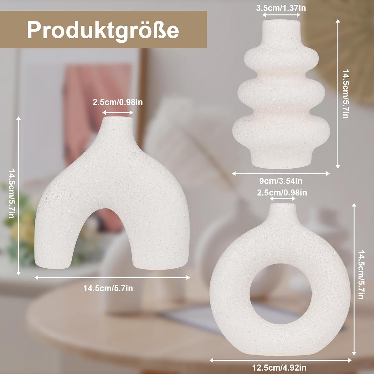 Vankarr Weiße Keramikvase Satz von 3, kleine Trockenblumen Vasen für Pampasgras, handgemachte Vase,Moderne Boho Vasen für Wohnungsdeko Hochzeit Dekor