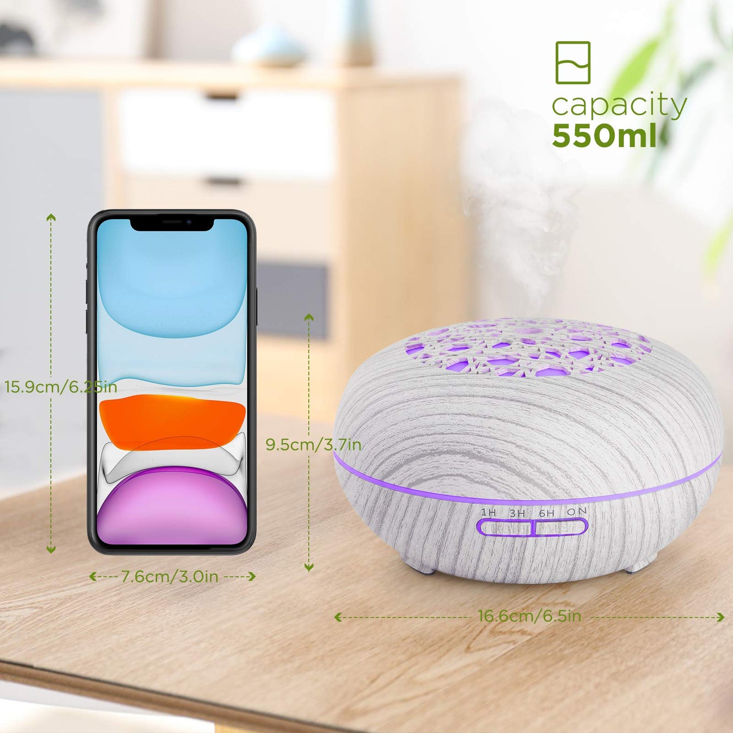 Aroma Diffuser Luftbefeuchter 550ml mit Fernbedienung, Ultraschall Vernebler Duftlampe Öle Diffusor mit 7 Farben LED Wasserlose Abschaltautomatik