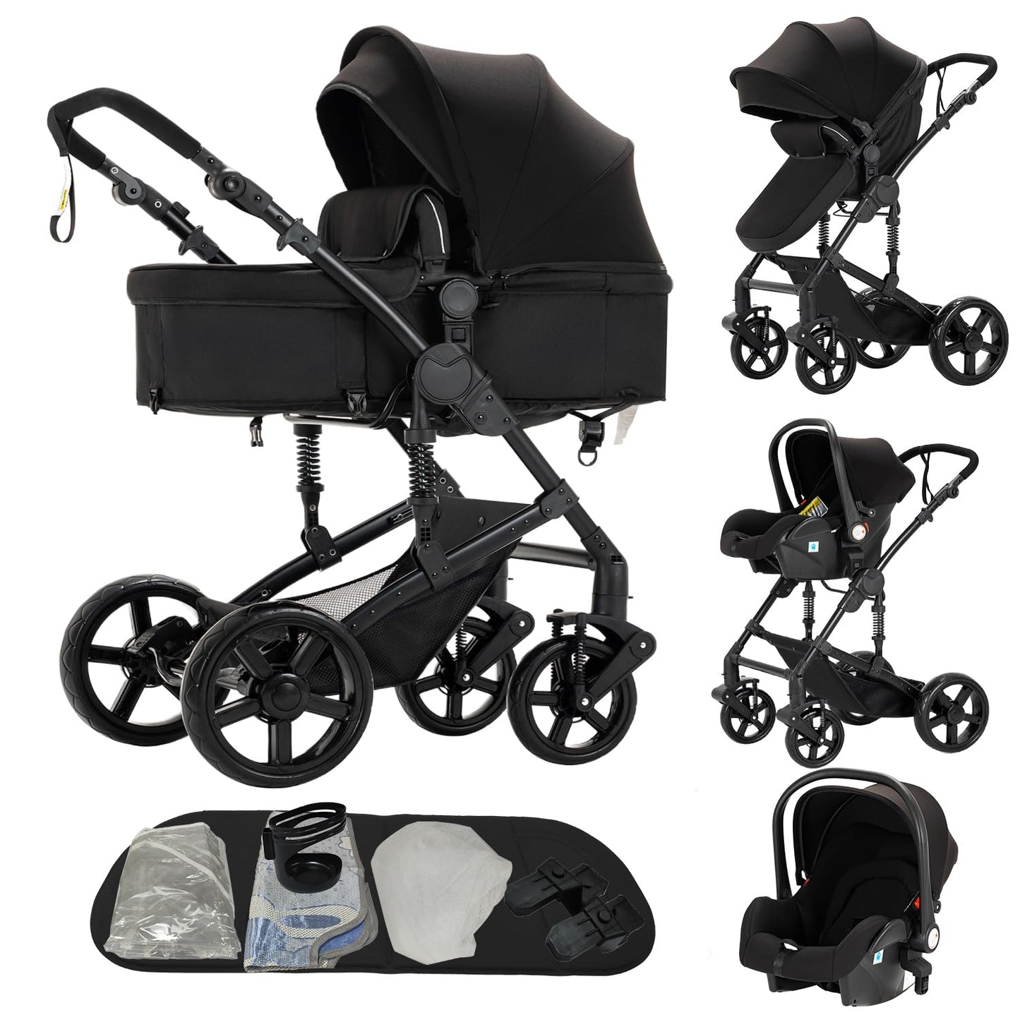 Reenborn 3-in-1 Pushchair, Buggy with Two Reversible Sliding Modes, Pushchair with Frame Aluminium Alloy, Baby Pram, 3-in-1 Complete Set with One-Click Folding Design