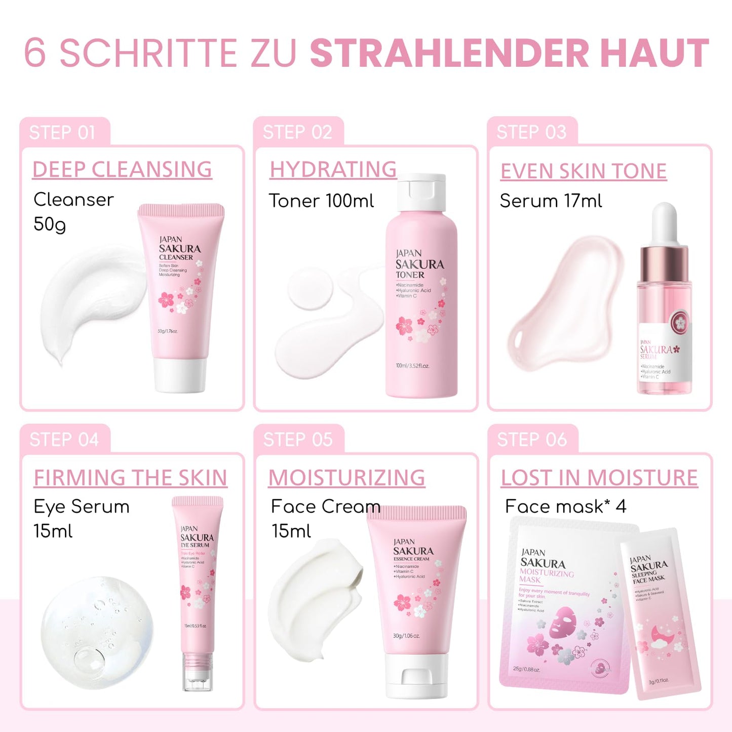 Sakura Skin Care Set Teenager Mädchen Geschenke - Skincare Set 10 Stück - Hautpflege - Anti Aging - Mit Cleanser, Serum