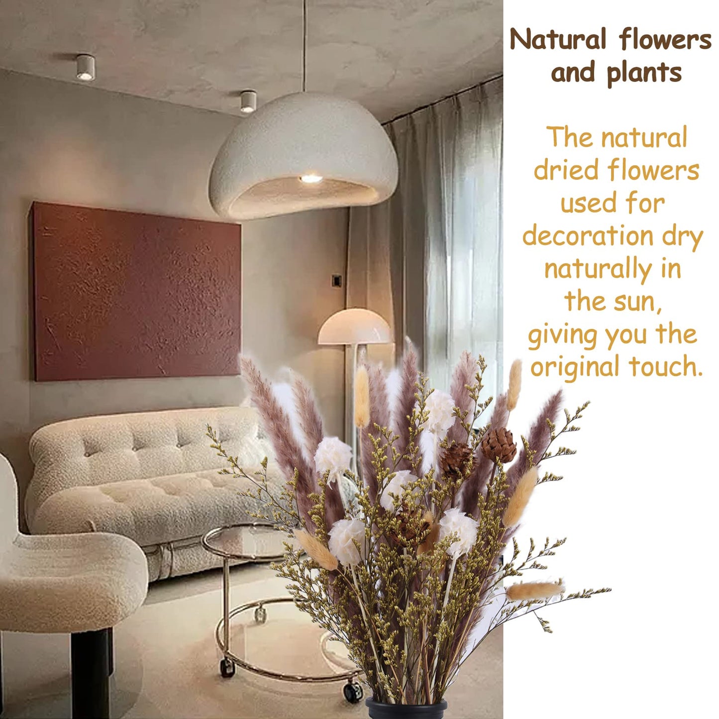 Dried Pampas Grass 60 Pieces Natural Dried Flowers Decoration, Bouquet Reed Flower Decoration for Living Room Bedroom