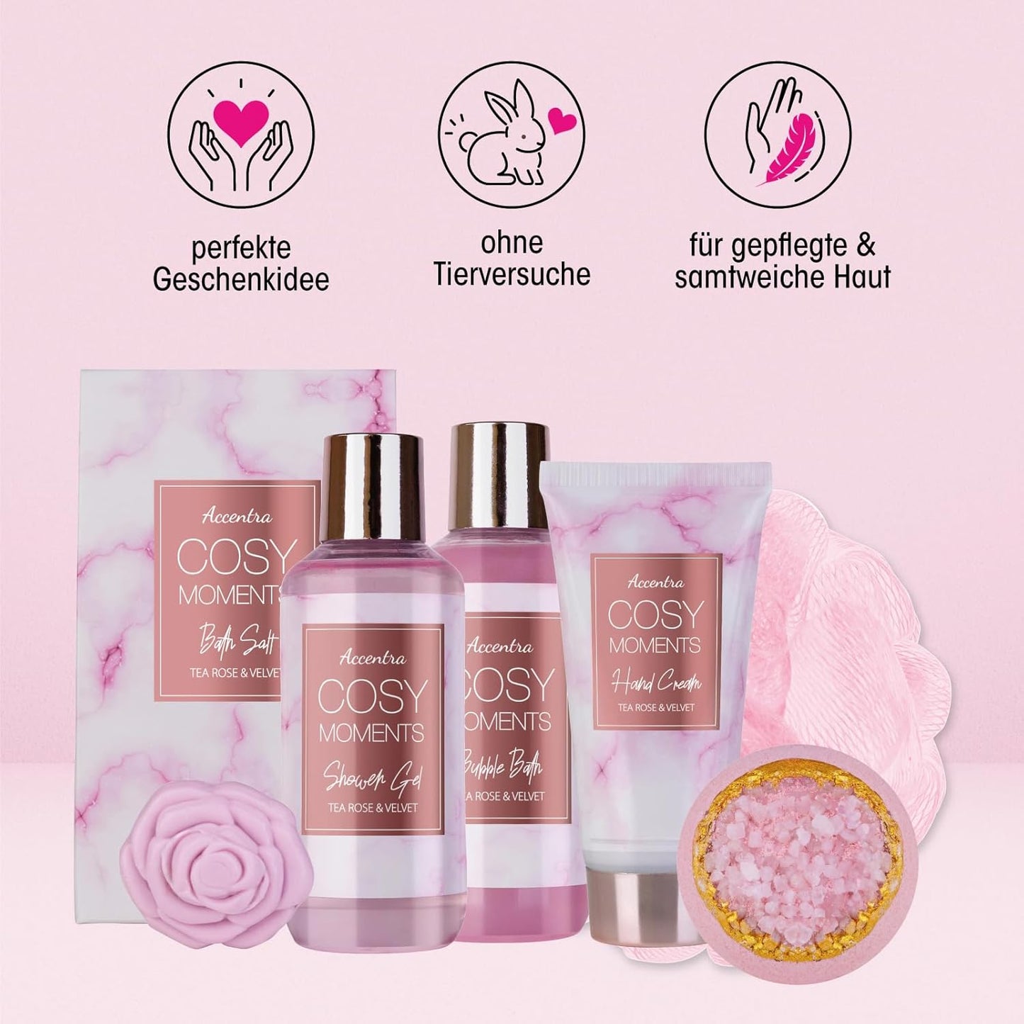 Accentra - COSY MOMENTS Bade- & Duschset in rosé - Geschenk Set zur Entspannung für Frauen zum Geburtstag
