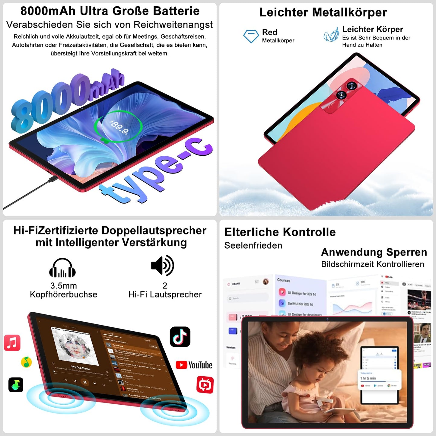 Tablet 11 Zoll Android mit, 24GB RAM 256GB ROM TF 1TB, Octa-Core, GMS, 5G WiFi 6, Bluetooth 5.0