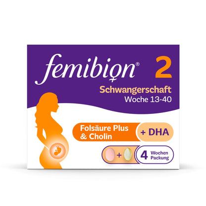 Femibion 2 Pregnancy, Daily Dietary Supplement for SSW 13-40, with Folic Acid Plus (*3), Choline, DHA, 4 Week Pack, 2 x 28 Pieces