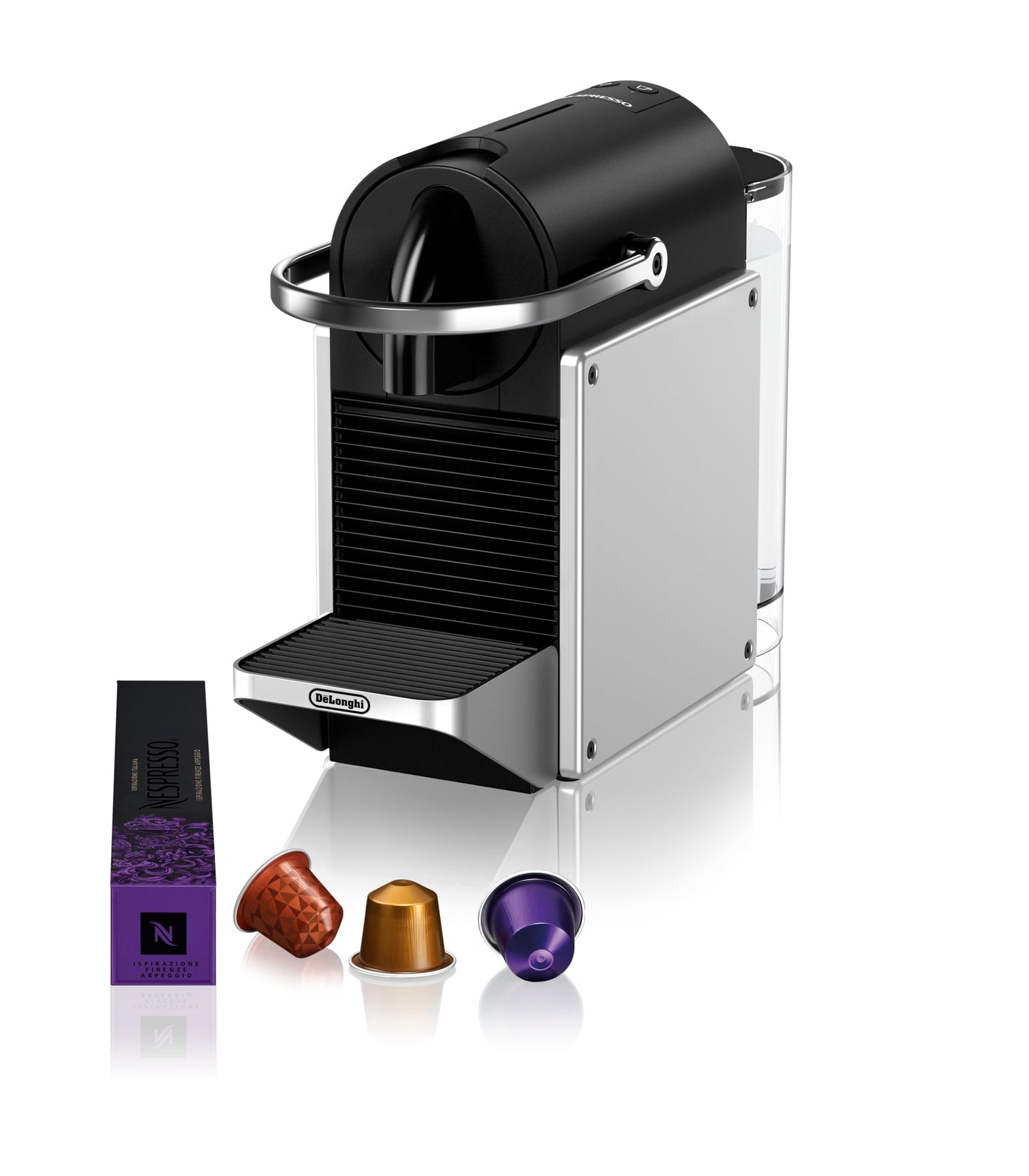 Nespresso De'Longhi Coffee Capsule Machine, Two Direct Dial Buttons, Eco Mode, Compact Design, 19 Bar Pressure System