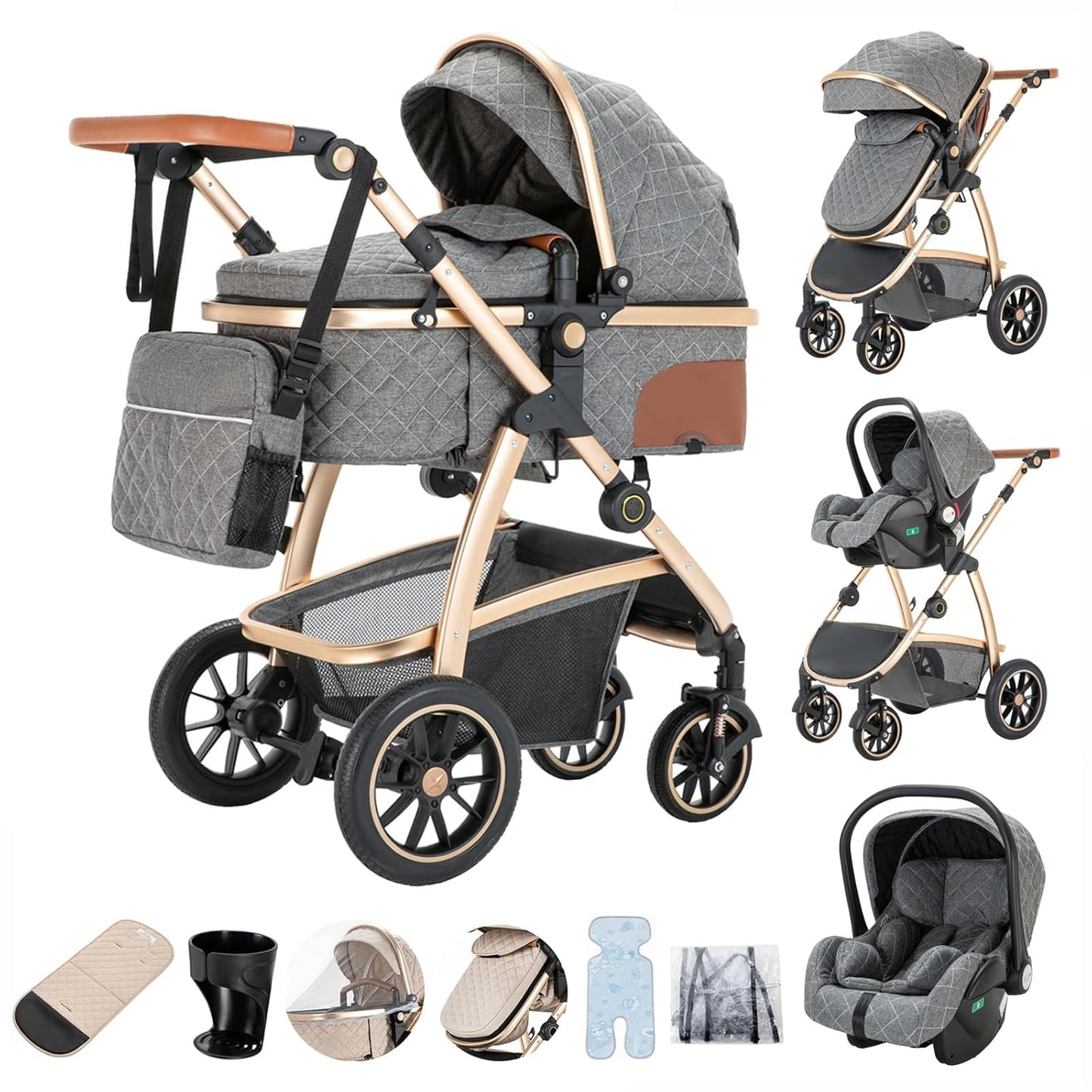 3-in-1 Pram Set with Seat, Baby Bed is Foldable, Adjustable Reclining Position,up to 15 kg, 0-3 Years