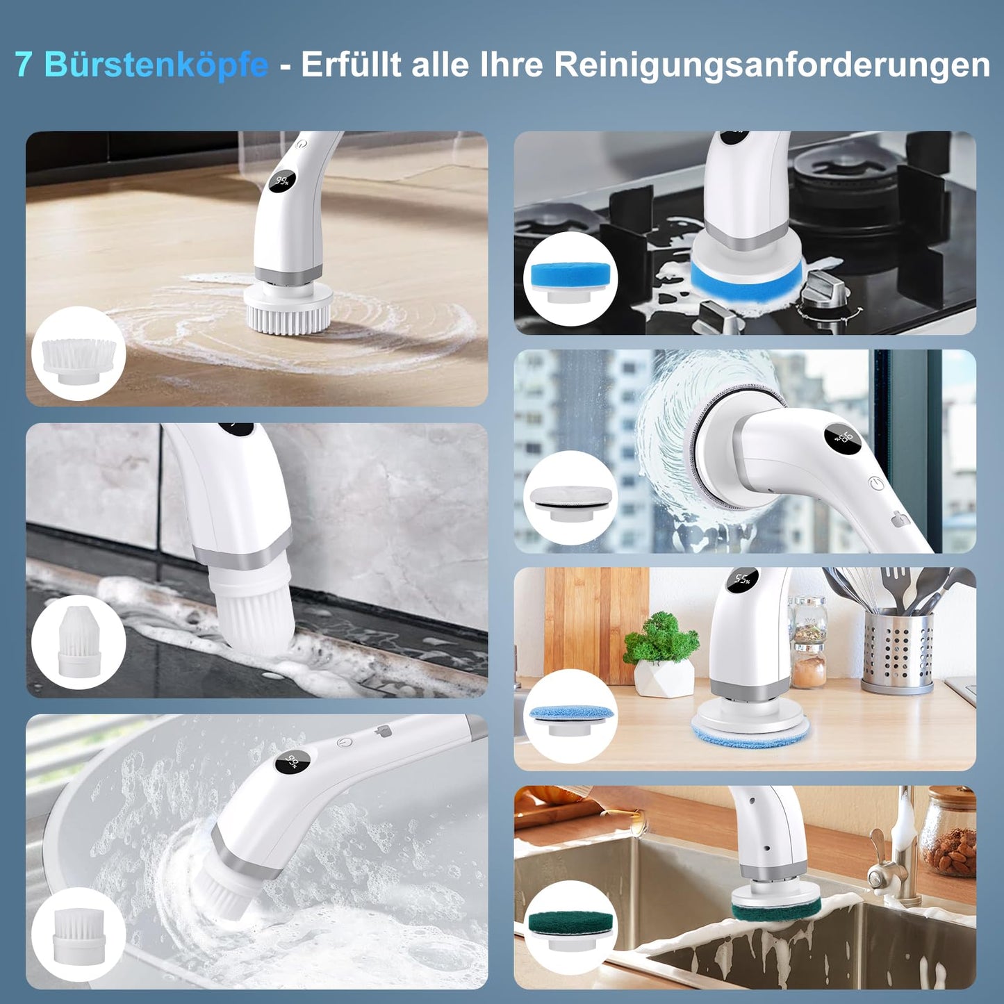 Elektrische Reinigungsbürste, Kabellos Power Spin Scrubber mit 7 Bürstenköpfen, 2 Speed Integrierte übertragung, Cleaning Brush für Fliesen, Duschen, Glas, Bad